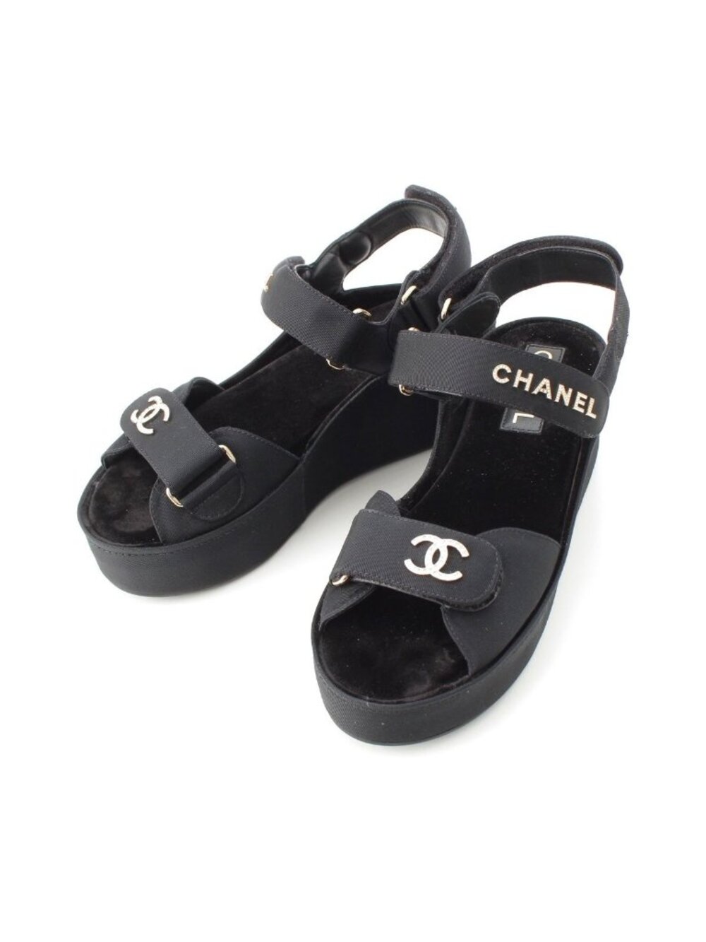 Chanel Rhinestone CC Logo Velcro Sandals Shoes Black 38c